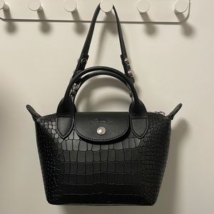 Longchamp black Le Pilage Cuir mini croc-embossed leather top handle bag
